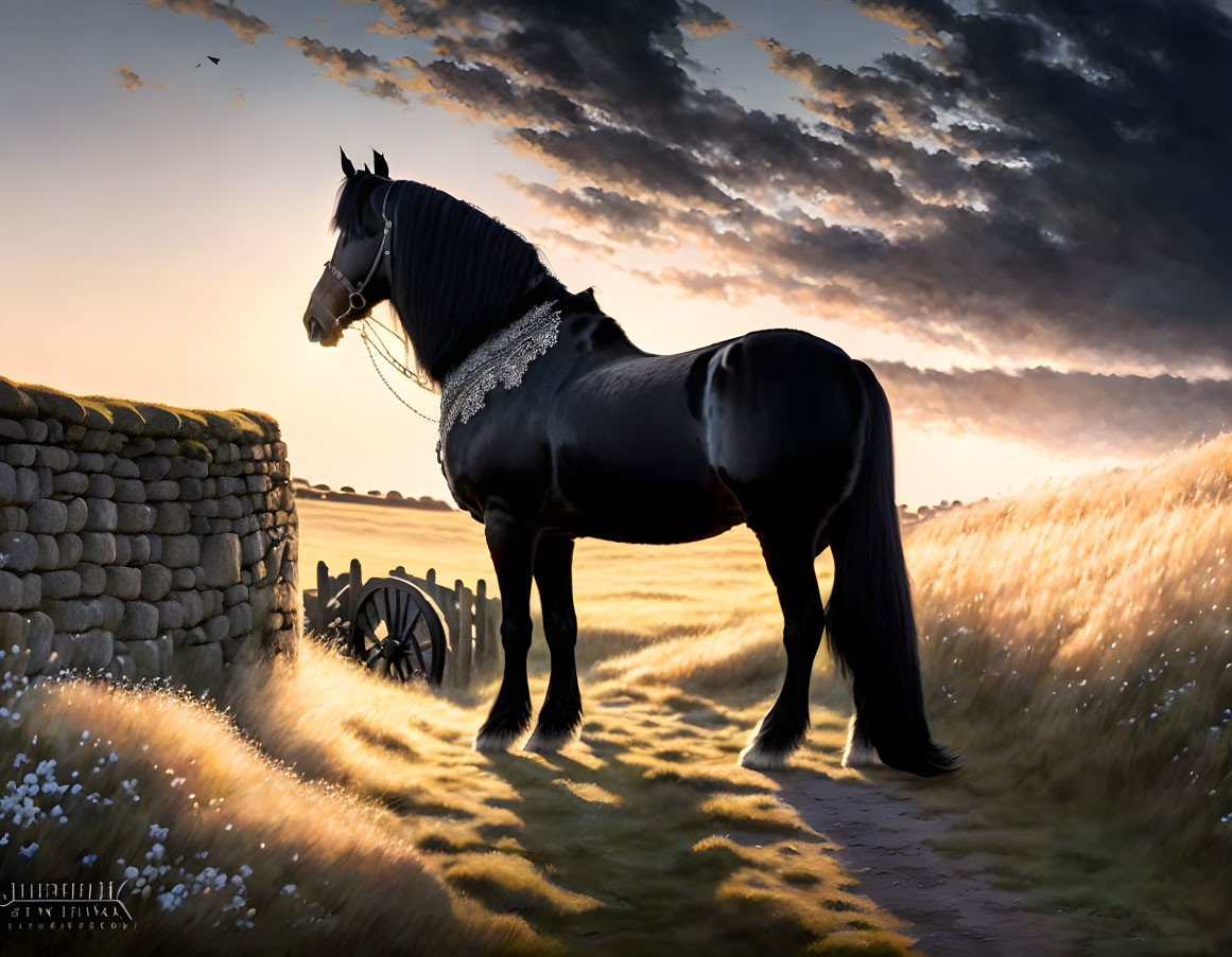 Majestic black horse near stone wall in golden field at dusk