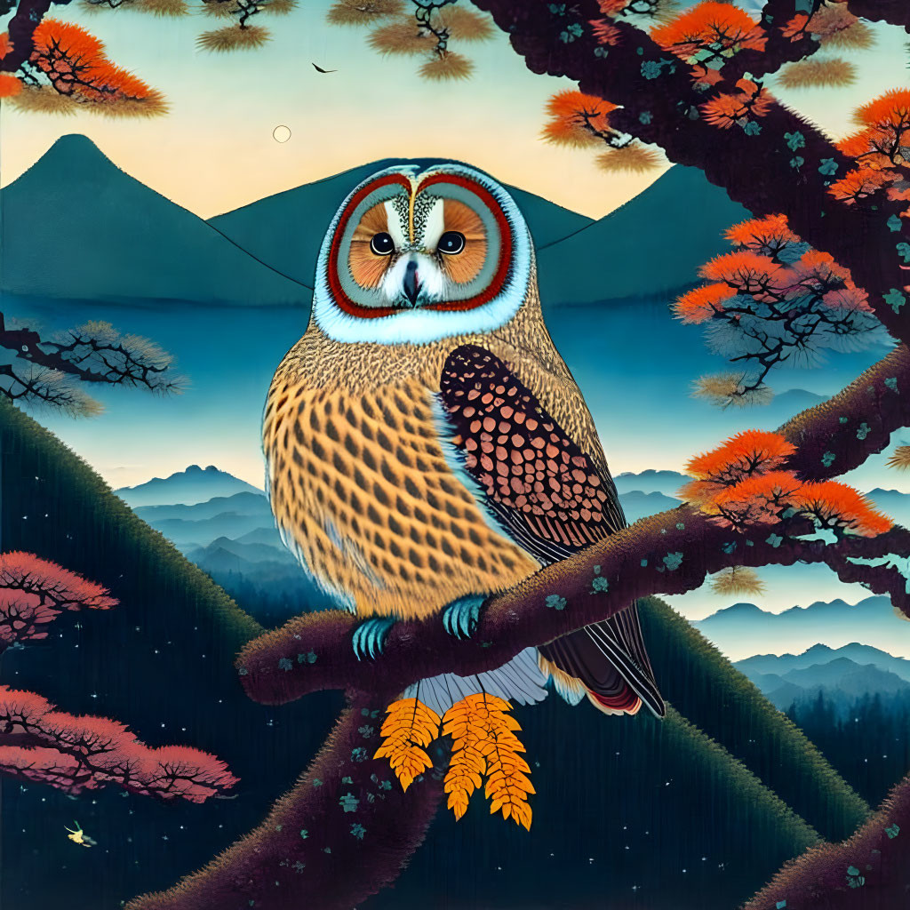 Detailed Owl Perched on Branch in Stylized Landscape