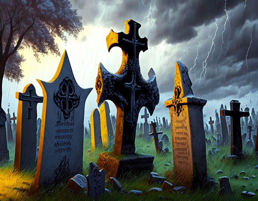 Illustration of gloomy cemetery with ornate gravestones, lightning, rain, and stormy