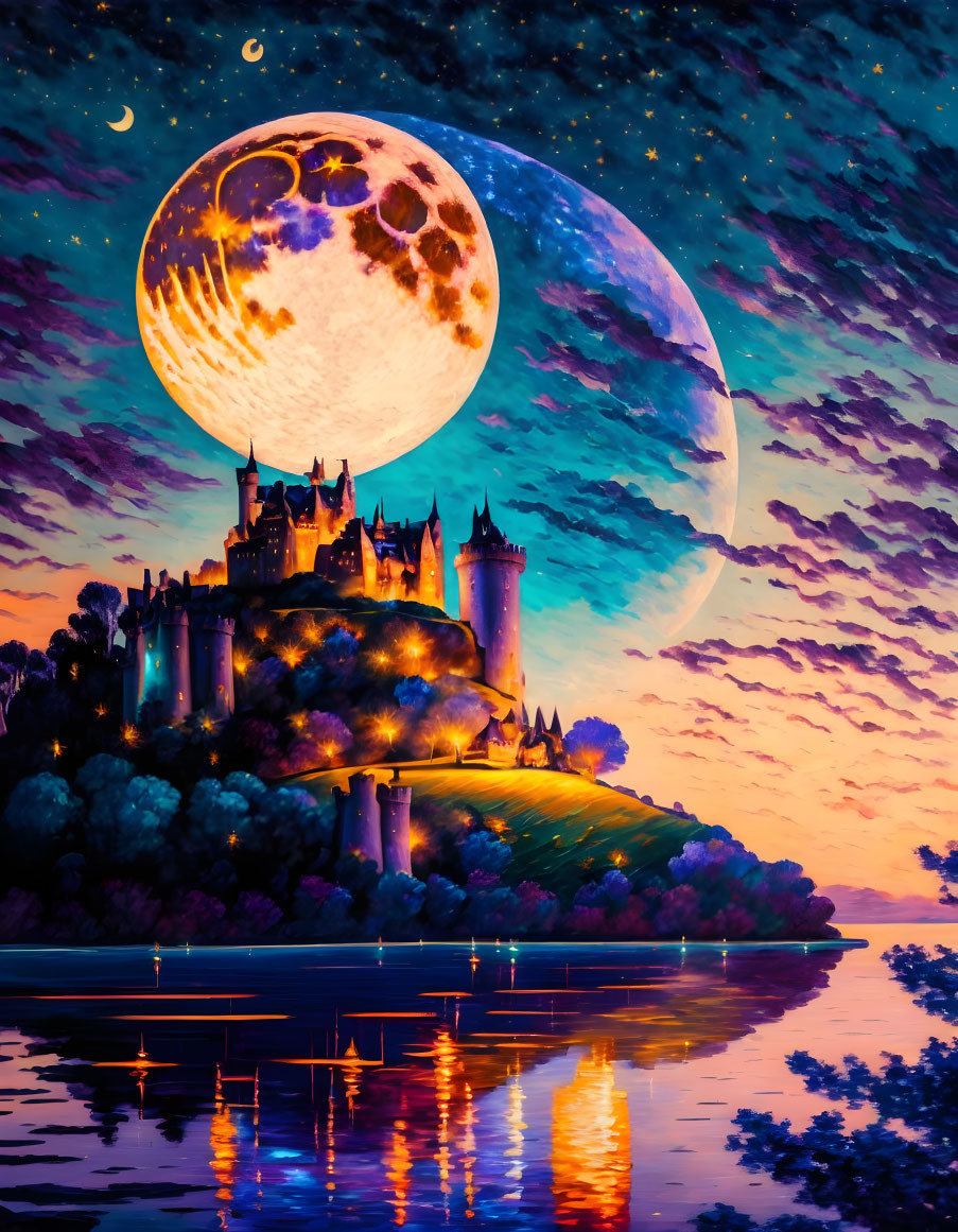 Castle on hill with moonlit sky and water reflection