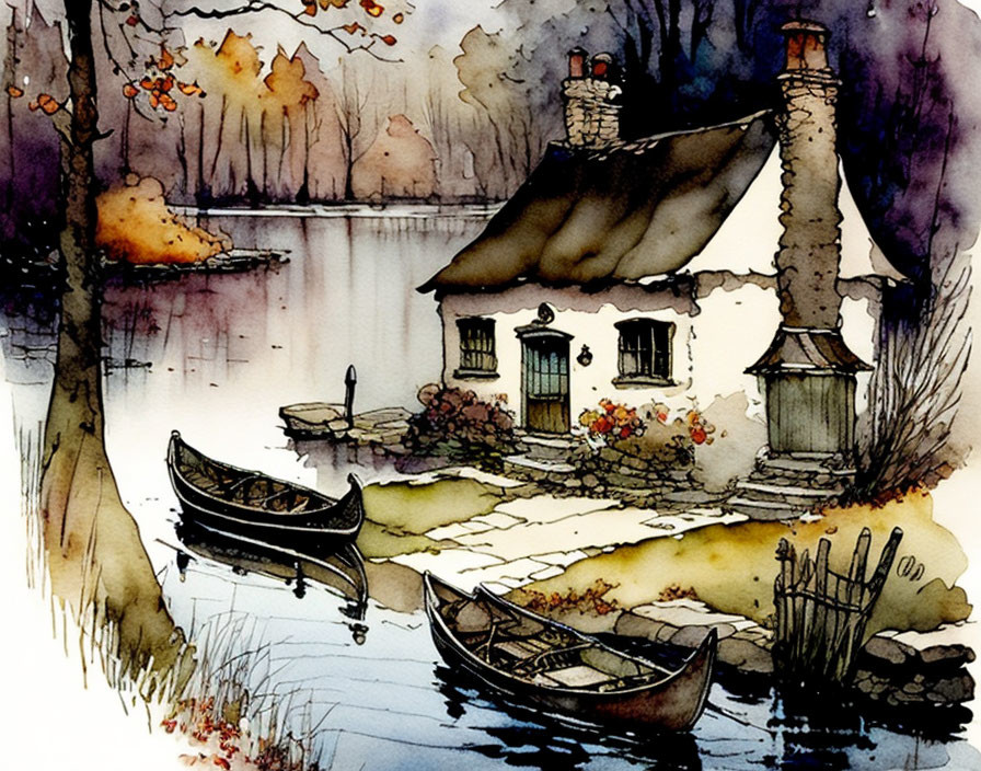 Tranquil watercolor: cottage, lake, boats, autumn trees, dusky sky