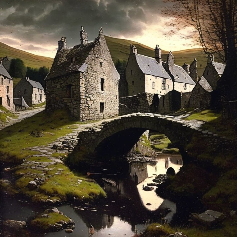 Stone bridge over stream with traditional houses and cloudy sky