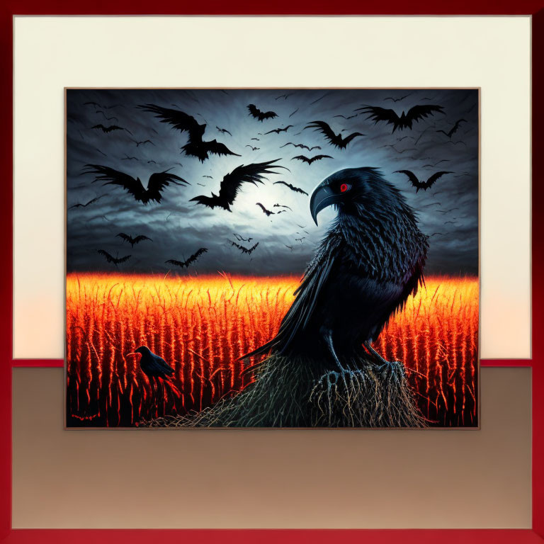 Dark Raven Artwork with Red-Orange Sky and Bats Displayed on Wall