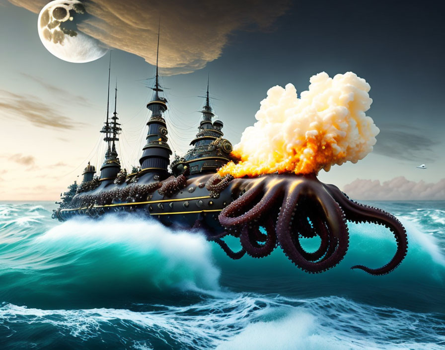 Giant octopus wraps tentacles around warship under moonlit sky