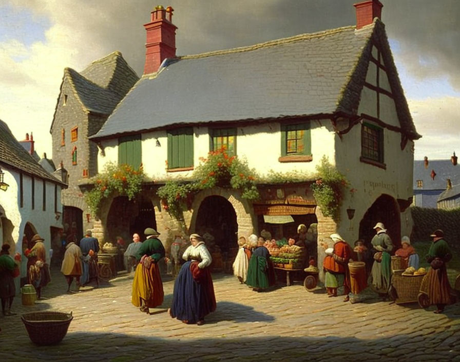 19th-Century Village Scene with Inn and People on Sunny Day