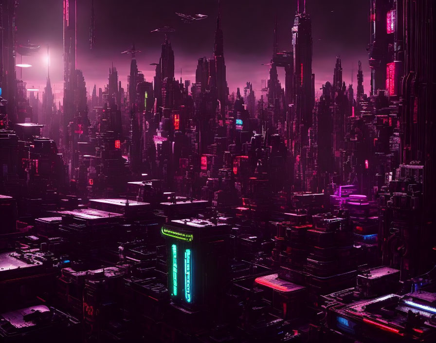 Futuristic neon-lit cityscape with tall skyscrapers