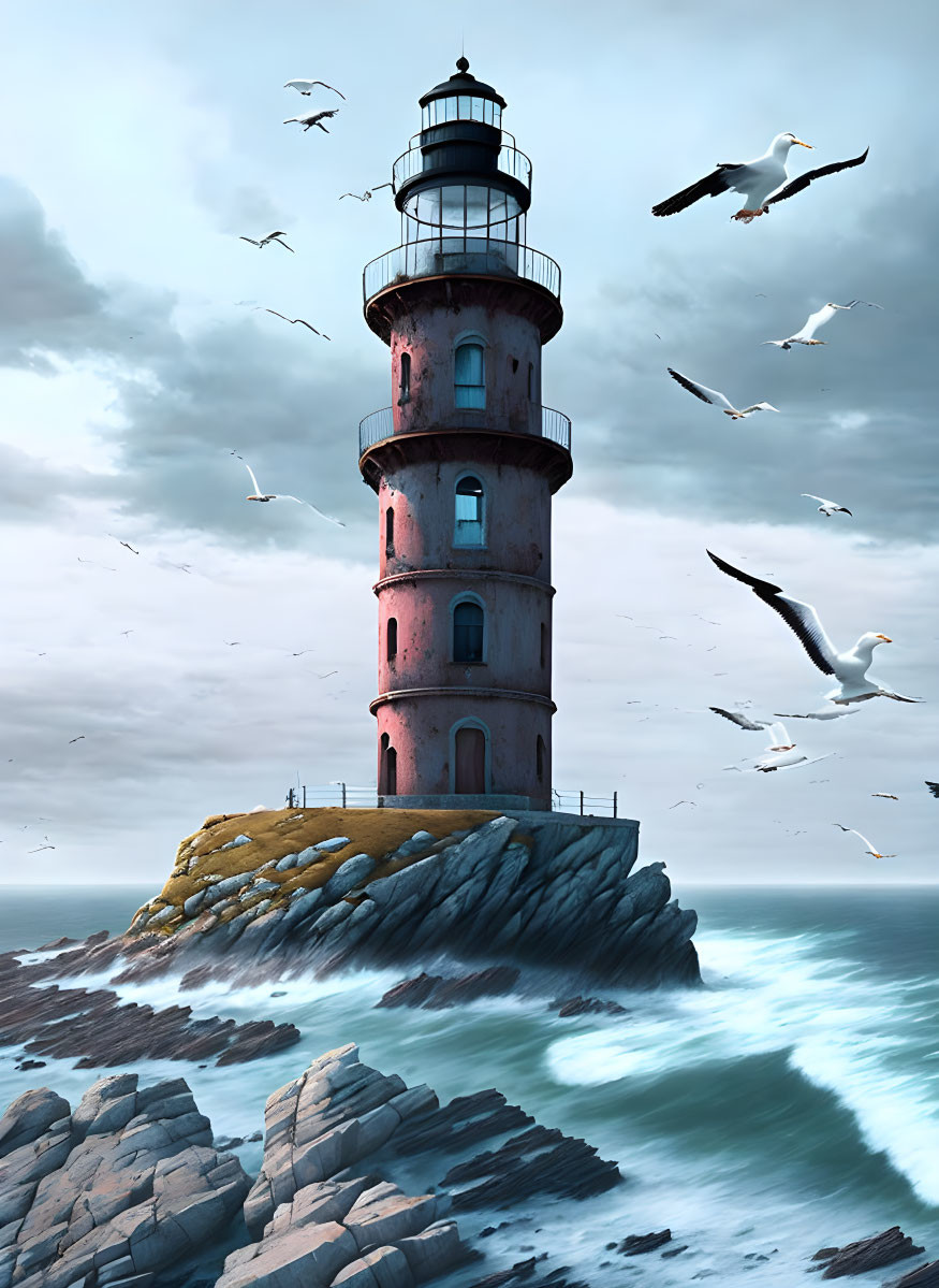 Rocky island lighthouse with flying gulls and crashing waves