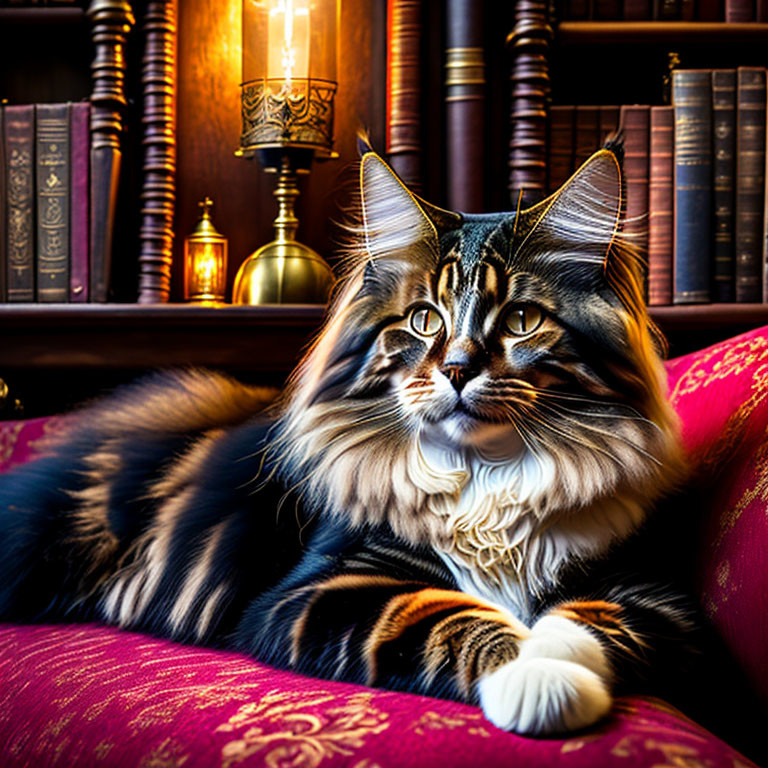 Long-haired cat on purple cushion with candle-lit lamp and classic books shelves