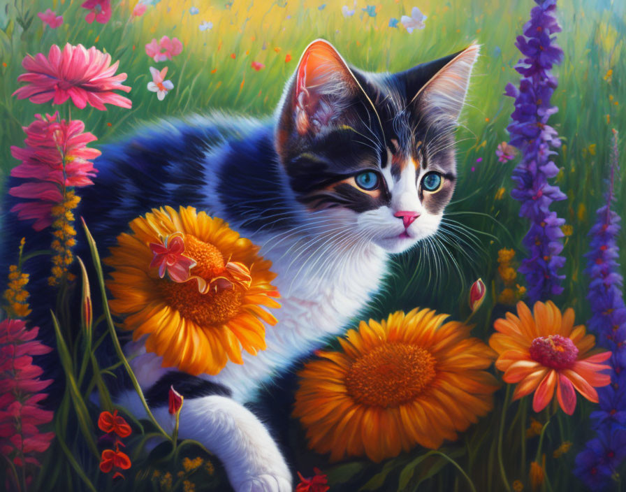 Vibrant floral painting featuring black and white cat with striking pattern