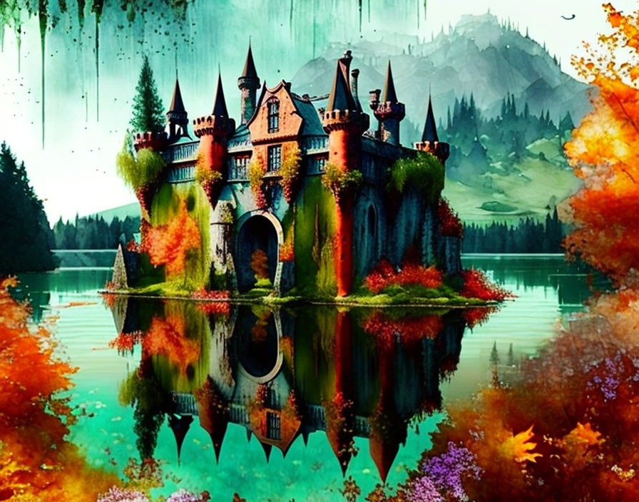 Vividly colored castle reflected on serene lake with autumn trees and dramatic sky