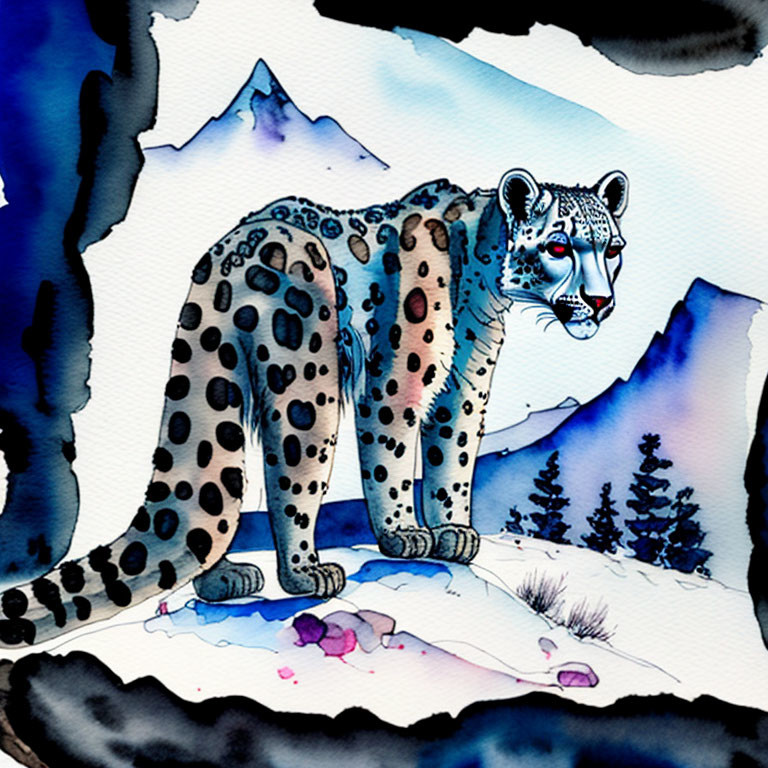 Snow leopard watercolor illustration with blue snowy mountain landscape