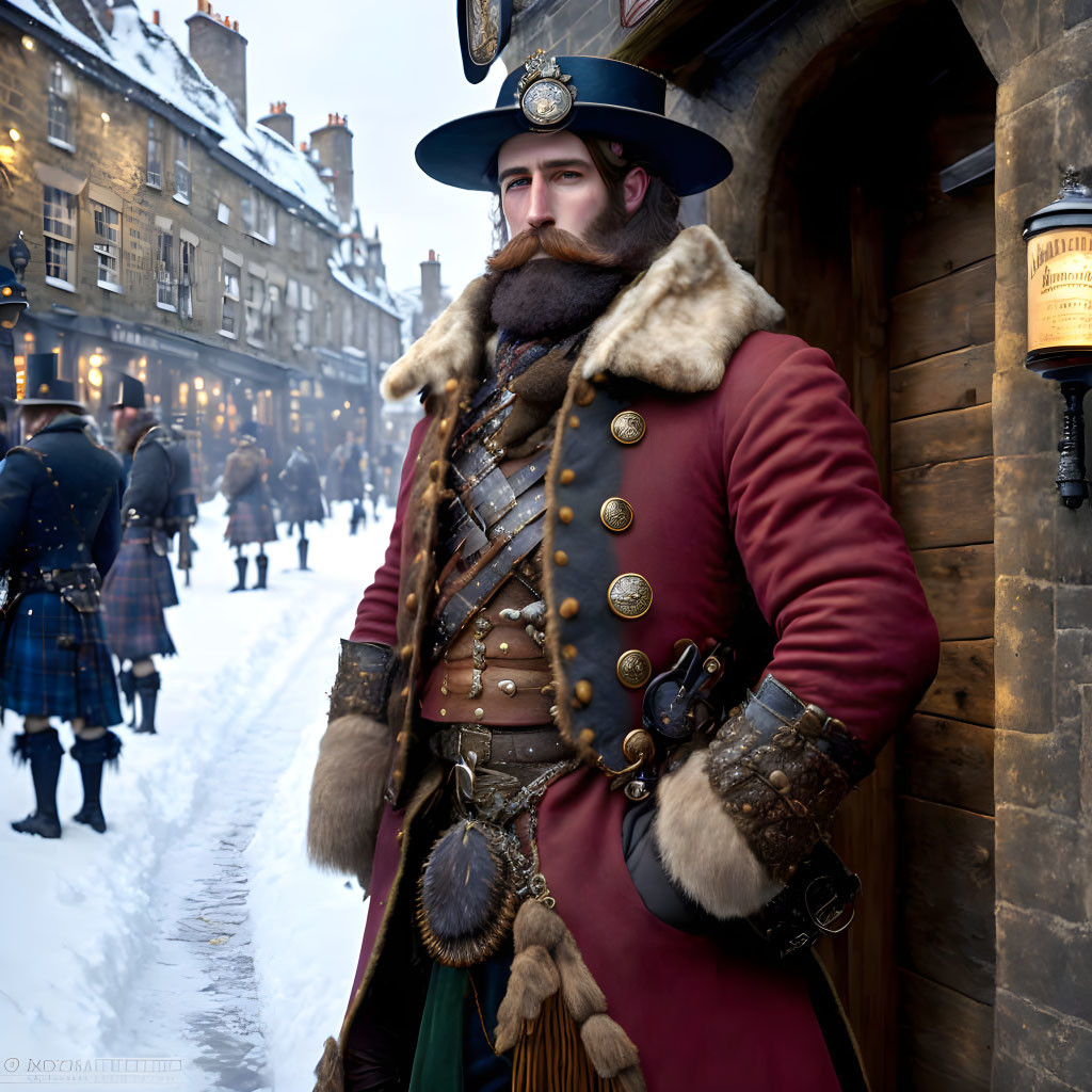 Confident man in historical attire on snowy street