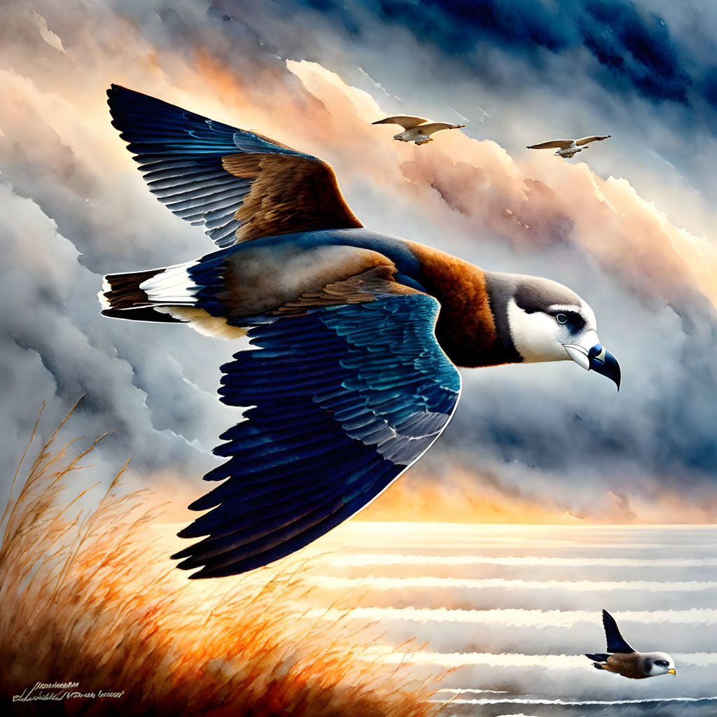 Brown and blue bird flying over warm sunset sea and clouds