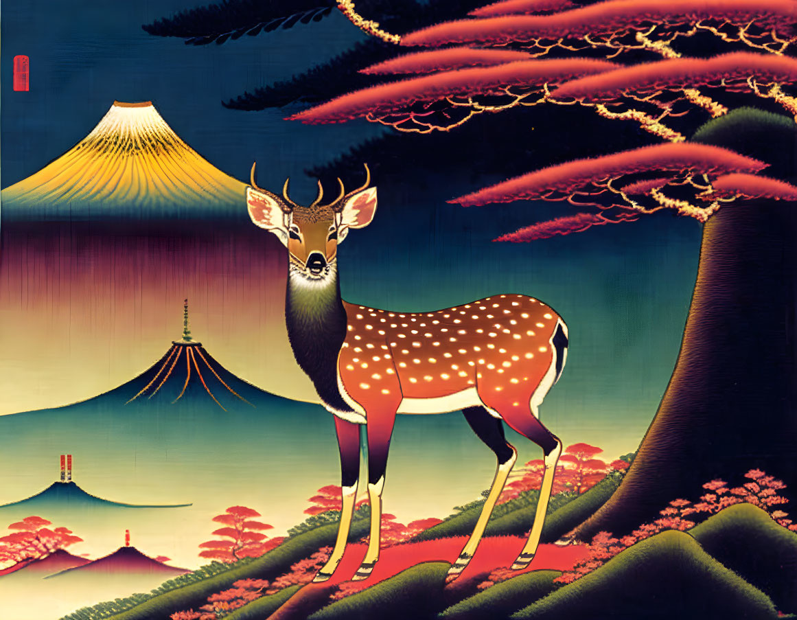 Spotted deer under cherry blossoms with Mount Fuji and temples