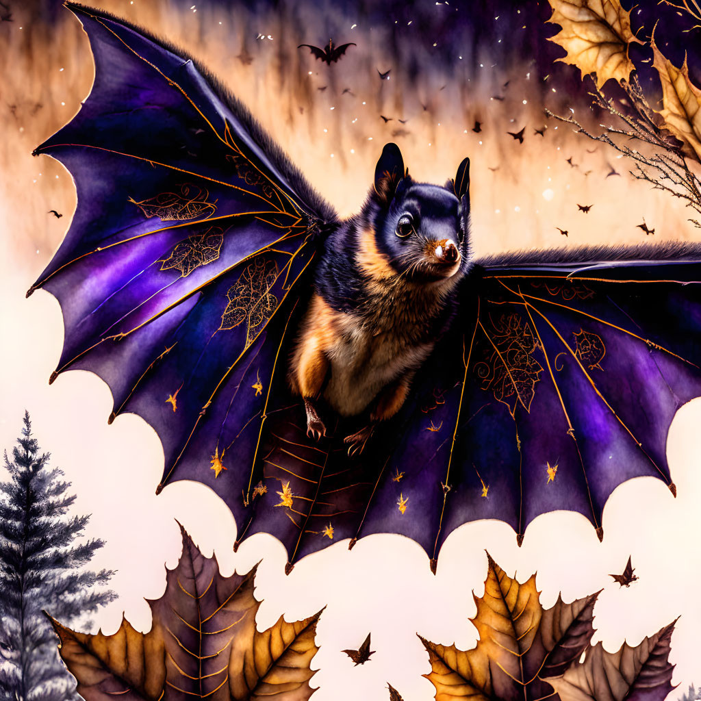 Colorful Flying Squirrel with Purple Wings in Autumn Scene