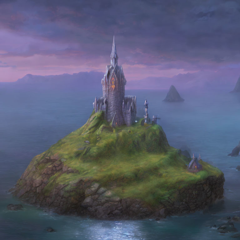 Mystical castle on lush island under purple dusk sky