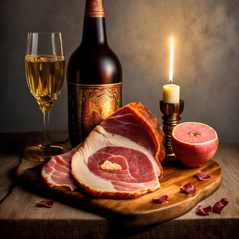 Rustic charcuterie board with wine, candle, and grapefruit