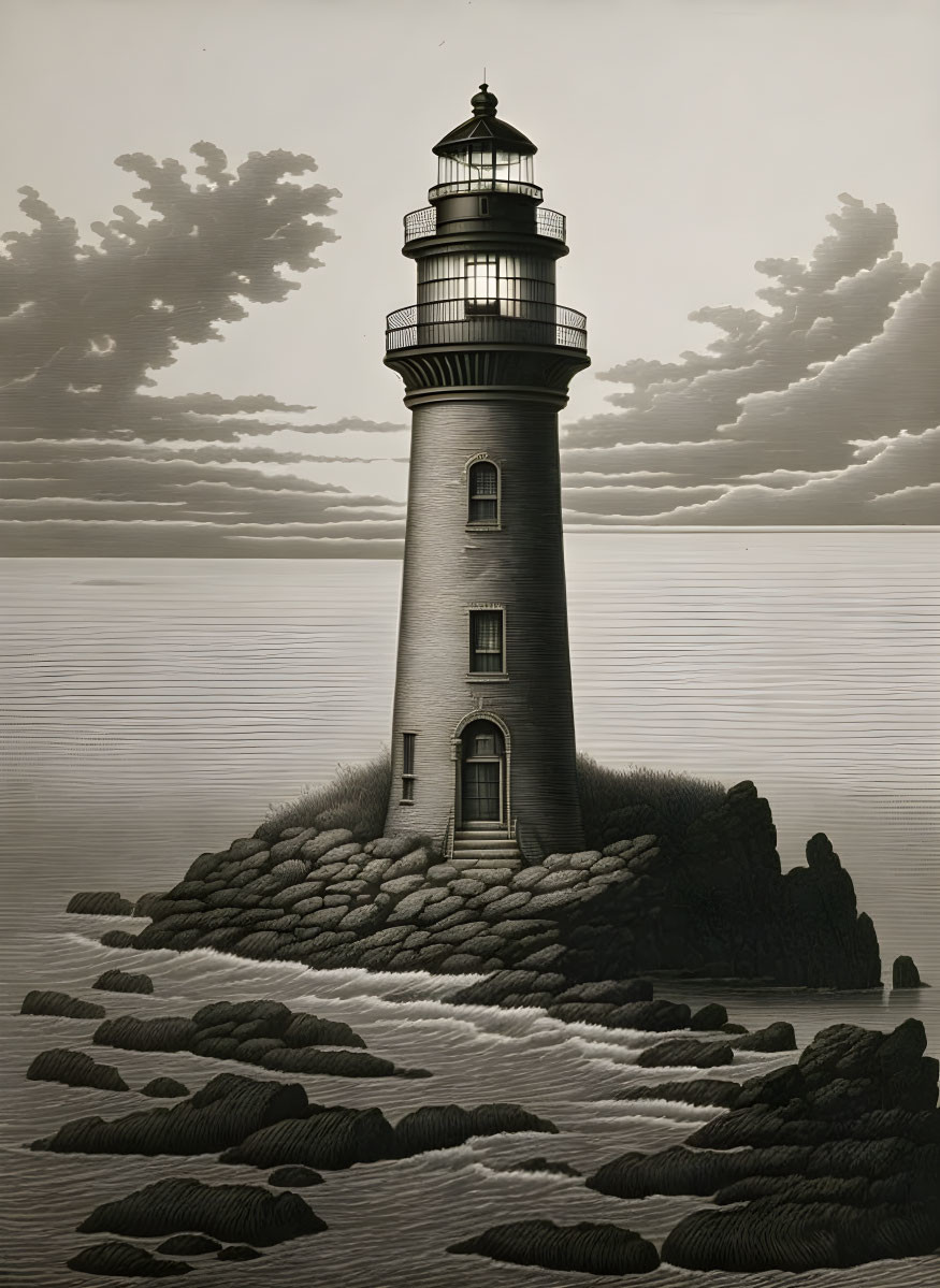 Grayscale illustration: Lighthouse on rocky outcrop, calm sea, expressive clouds, serene twilight.