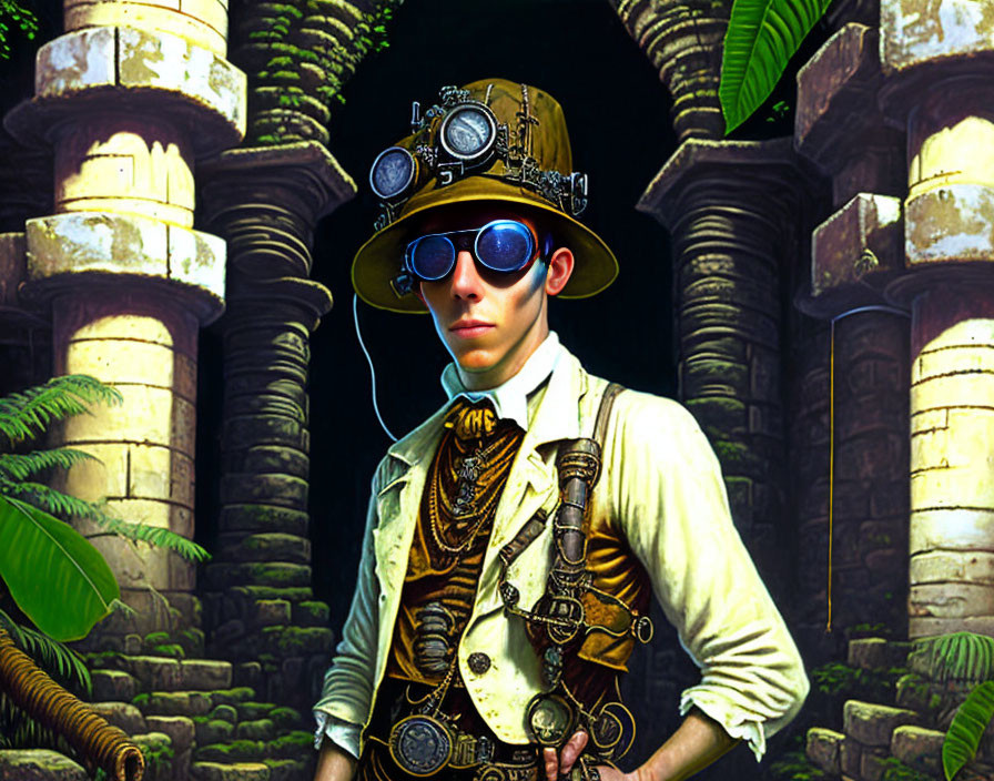 Steampunk-dressed figure with multi-lensed hat and blue goggles at ancient temple ruins