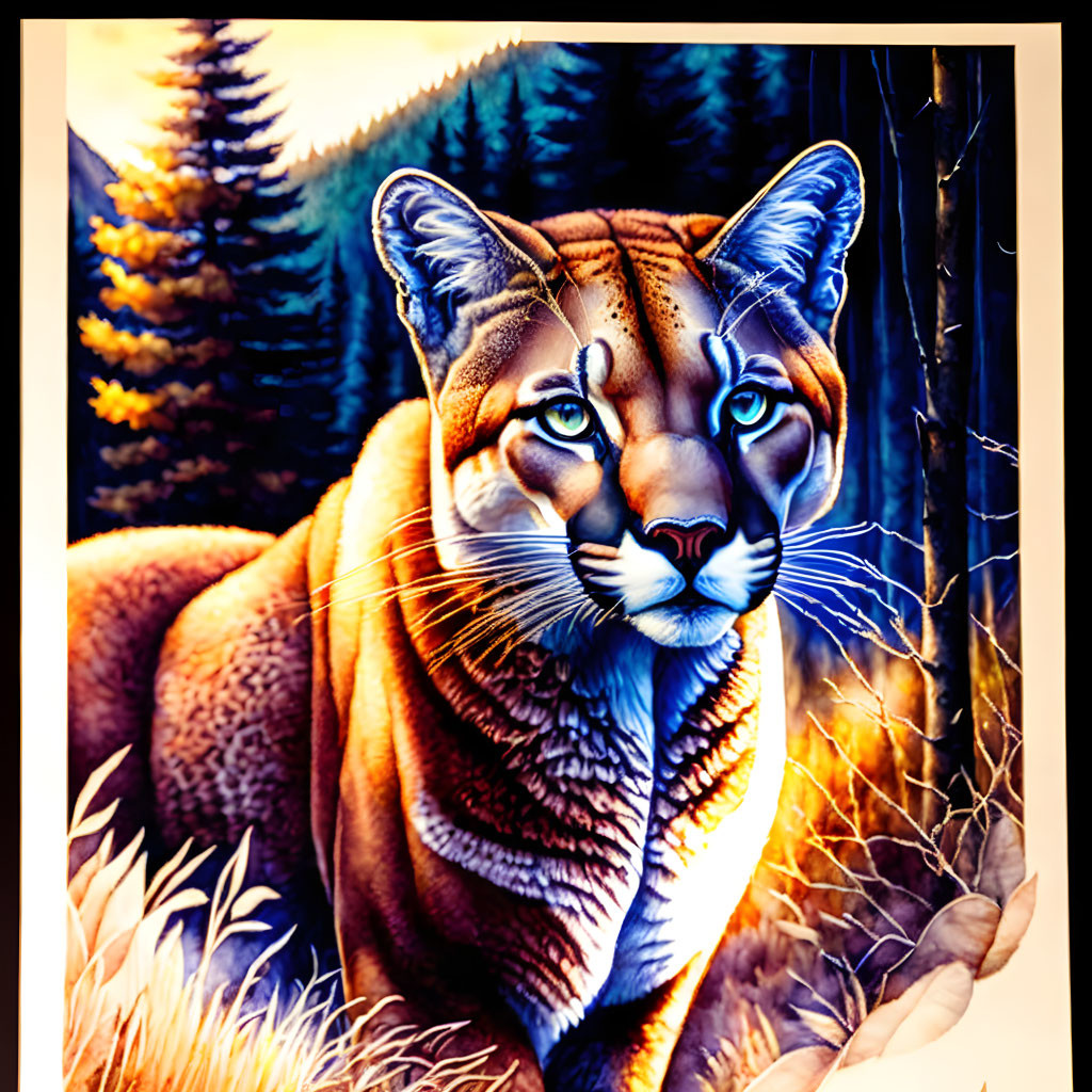 Colorful Mountain Lion Artwork in Twilight Forest