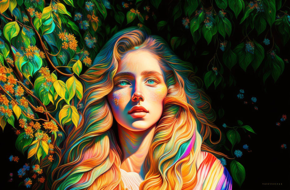 Colorful digital artwork: Woman with flowing hair and floral elements on dark background