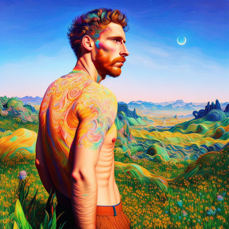 Man with tattoos in surreal, colorful landscape under crescent moon