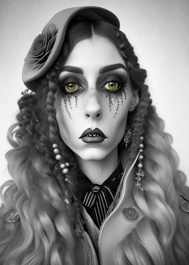 Monochrome portrait of woman with tears-shaped glitter, braided hair, beret, and vintage attire