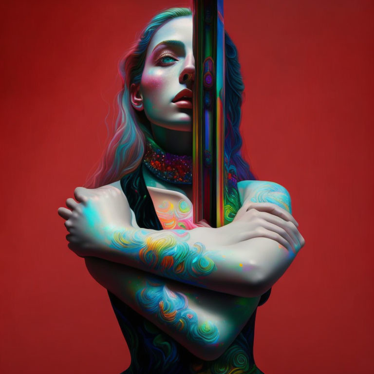 Colorful Body Paint and Bold Makeup Reflective Pole on Red Background