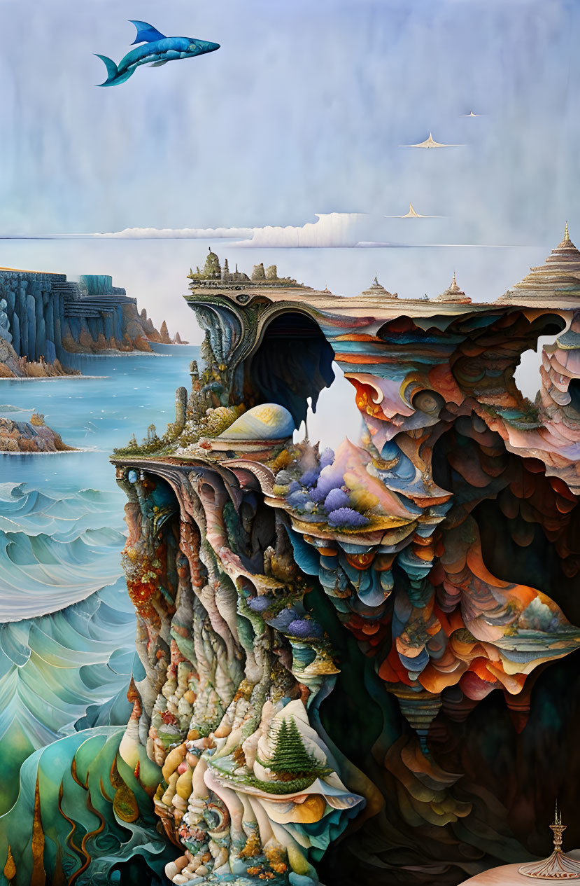 Surreal oceanic and architectural landscape with flying fish and seagulls