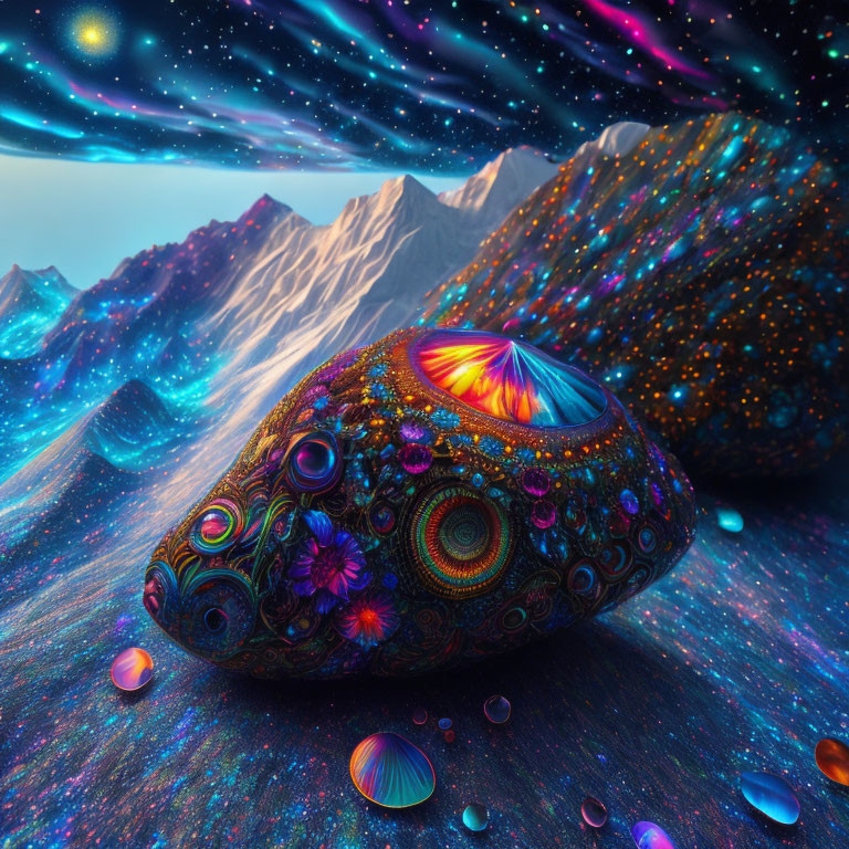 Surreal landscape with vibrant rock, snowy peaks, and cosmic sky