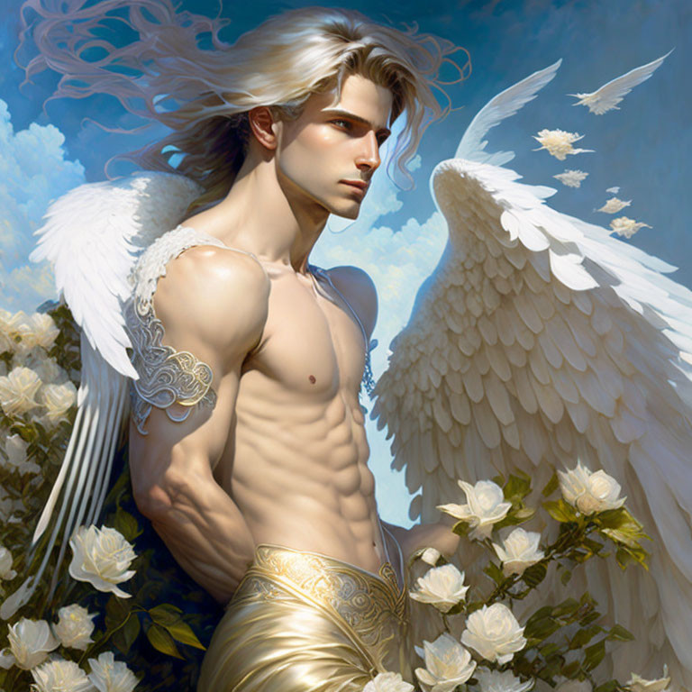 White-winged figure in golden trousers amid white roses under blue sky