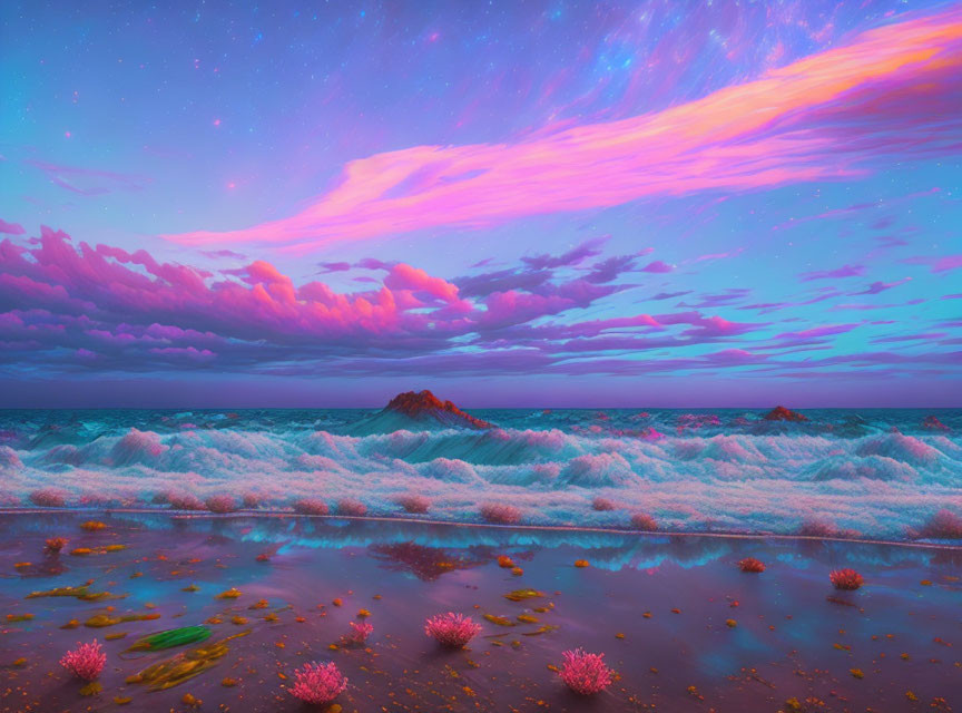 Colorful Beachscape with Purple and Pink Sky and Frothy Waves