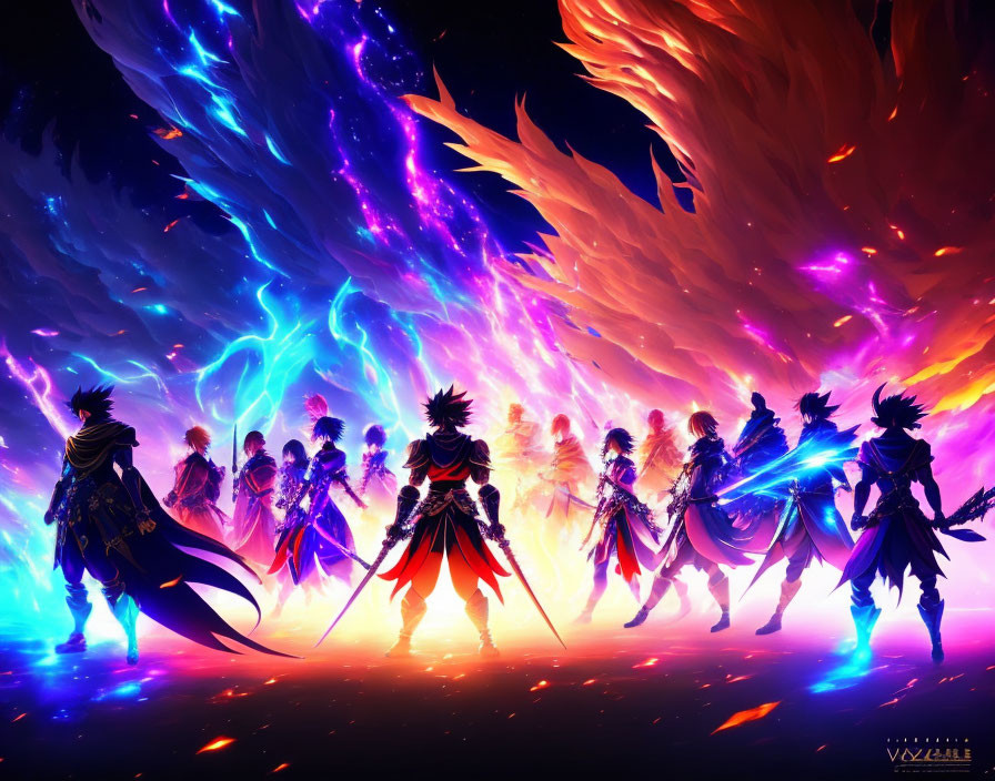 Anime-style characters in cosmic flames and blue energy swirls