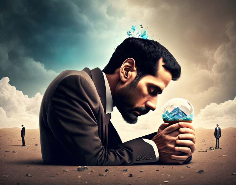 Contemplative man in suit with swirling ocean snow globe in desert scene