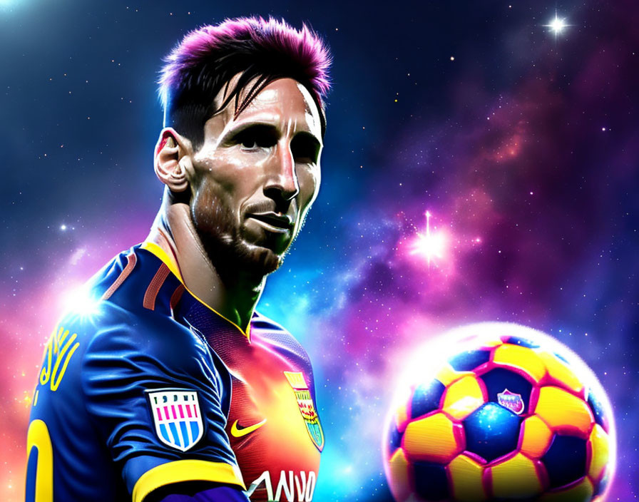 Vibrant digital art: Soccer player in blue and red uniform with cosmic backdrop.