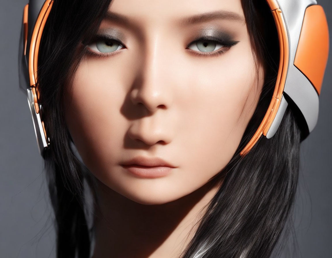 Close-up of person with striking makeup and black hair in orange and white headphones