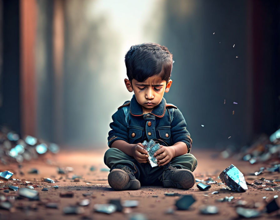 Child sits on dirt path with broken sparkling object and glass shards, trees in background