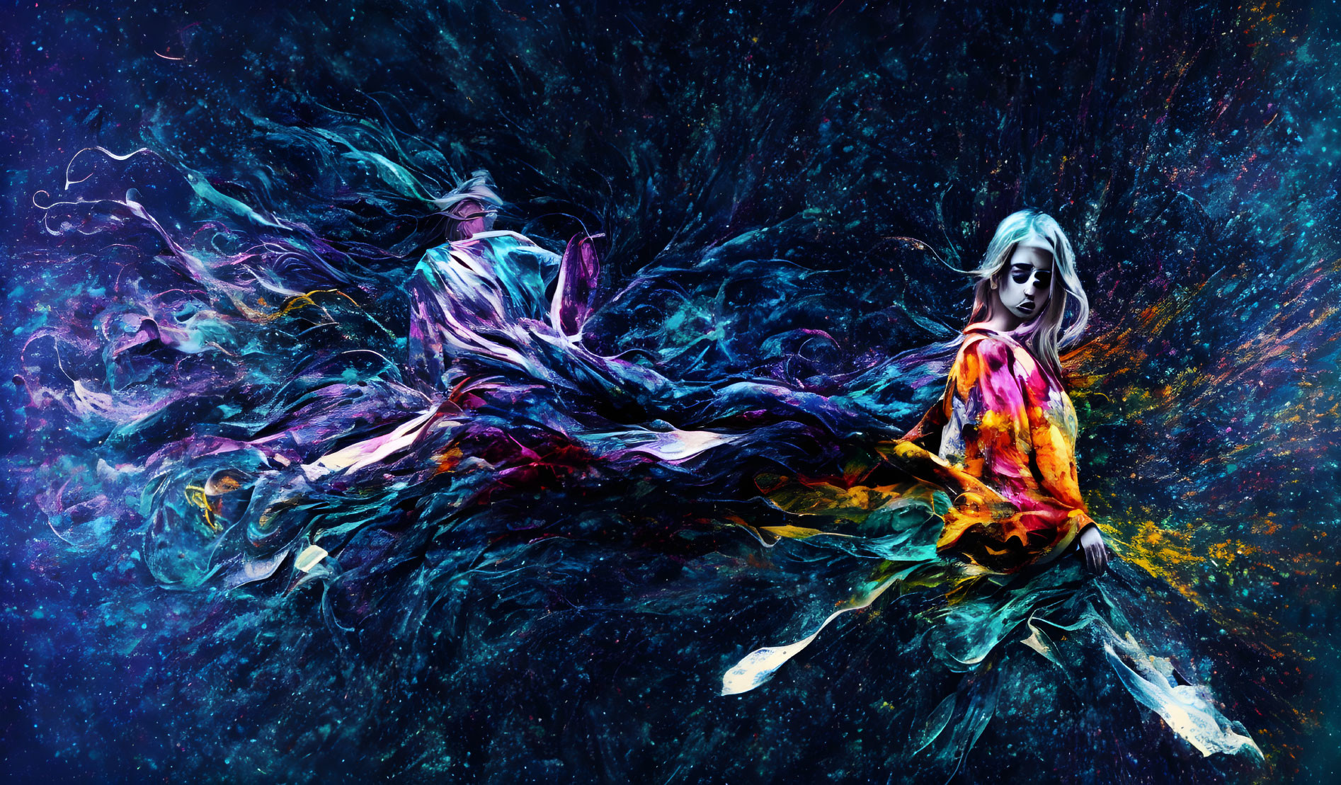 Colorful digital artwork: Woman with flowing hair in cosmic burst