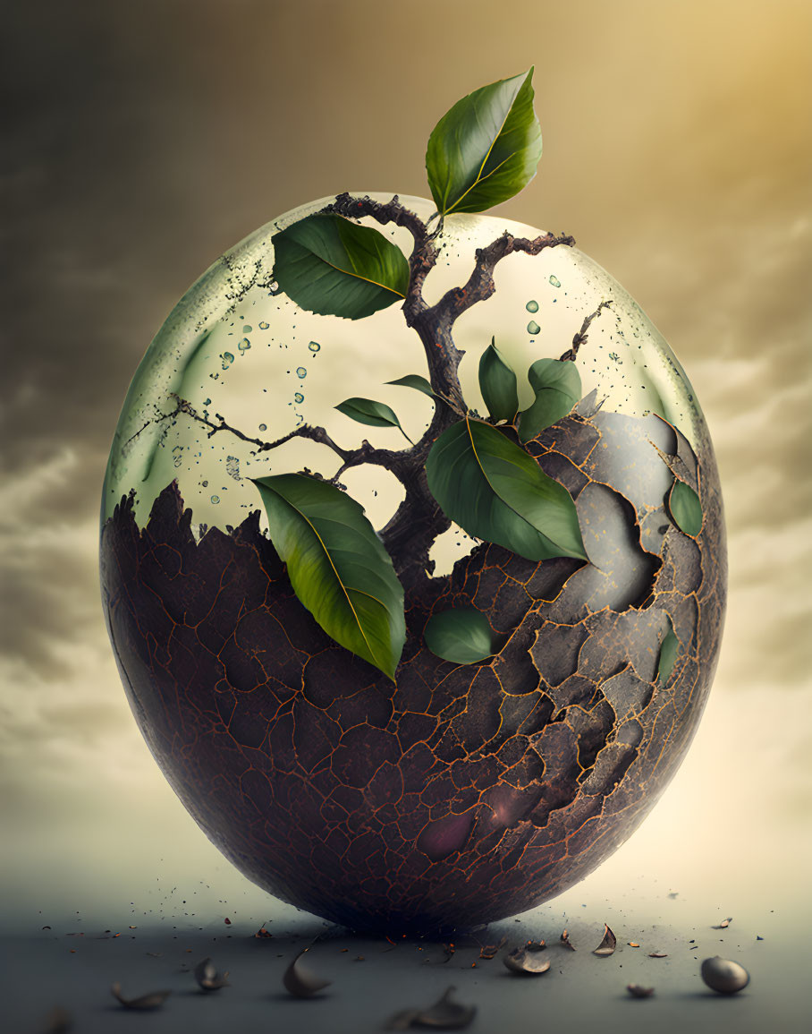 Cracked spherical object with green leaves on moody sky background