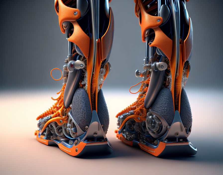 Futuristic Orange and Blue Robotic Legs on Grey Background