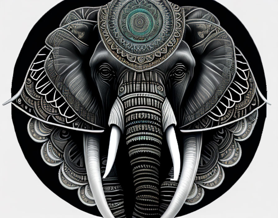 Black and White Ornate Elephant Design on Black Background