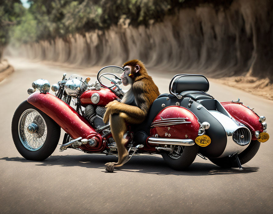 Baboon on Red Motorcycle with Sidecar on Tree-Lined Road