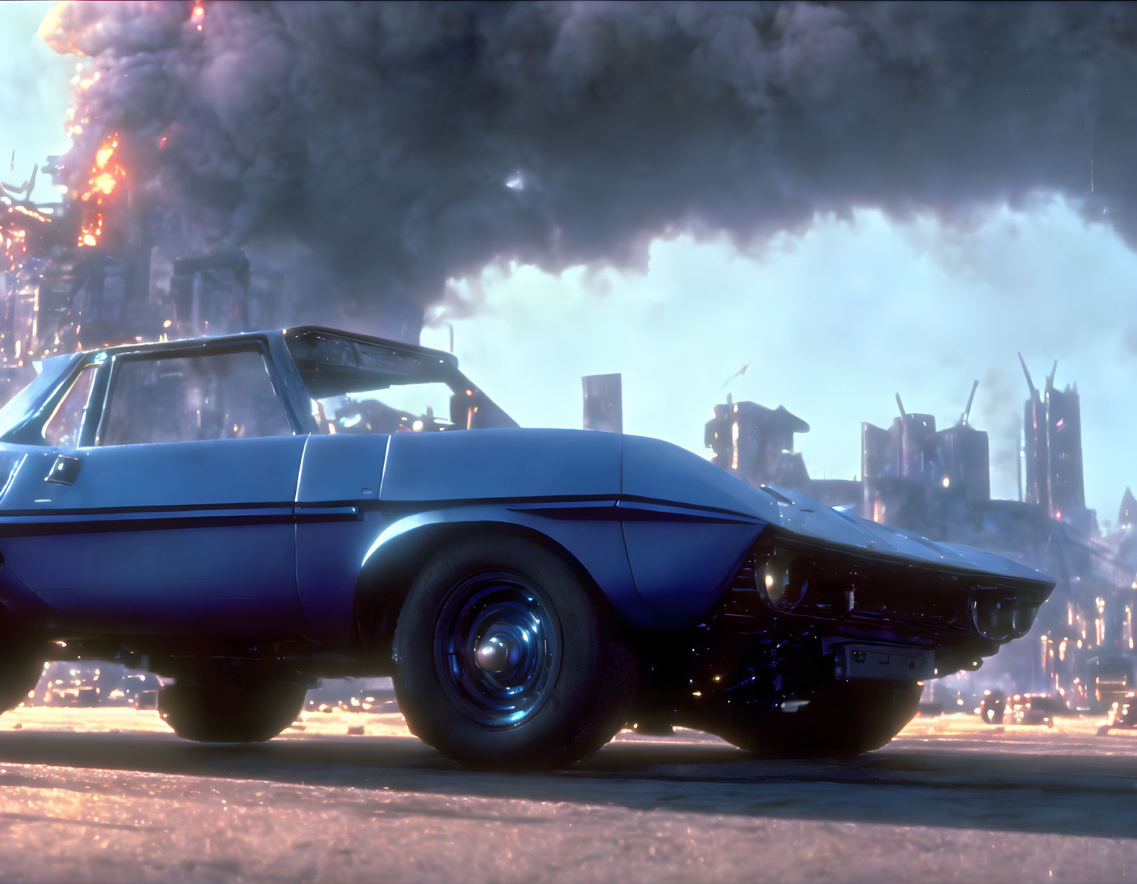 Vintage muscle car parked in dystopian cityscape with illuminated headlights and futuristic buildings.