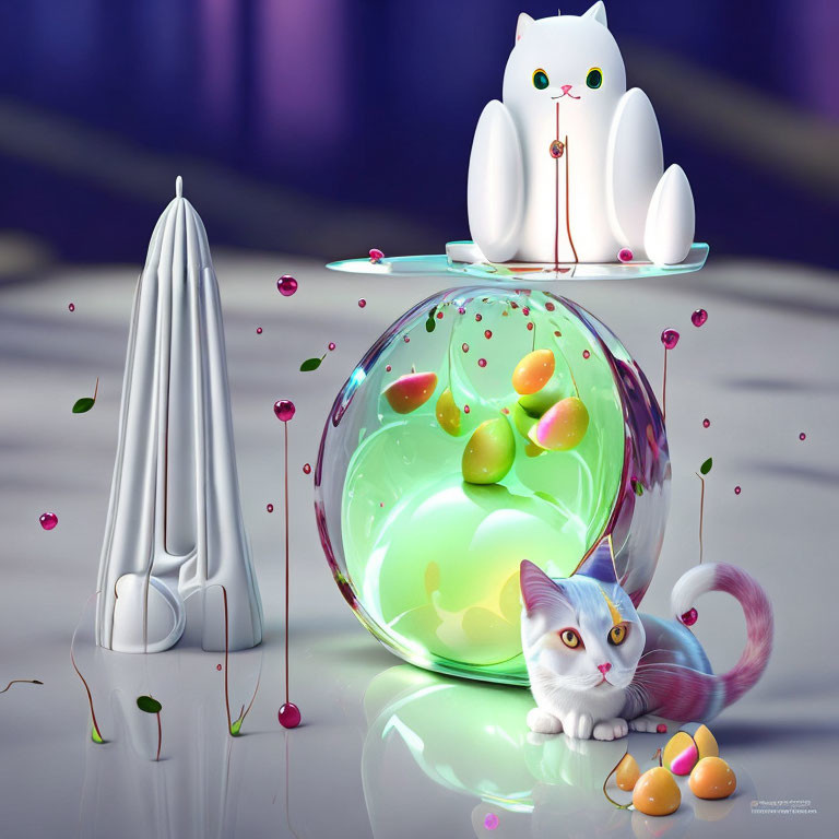 Stylized cats in whimsical art with colorful orbs