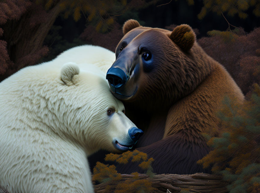 Polar Bear and Brown Bear Nuzzling in Dark Shrubs