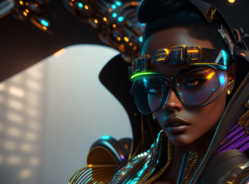 Futuristic female character with neon visor glasses and cybernetic enhancements