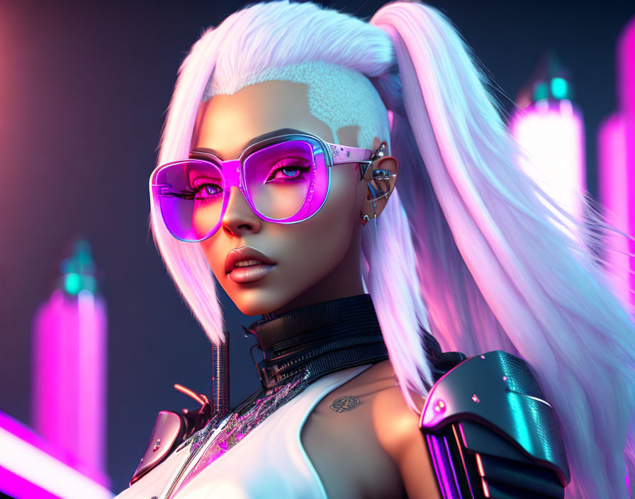 Futuristic white-haired female character in purple sunglasses against neon cityscape