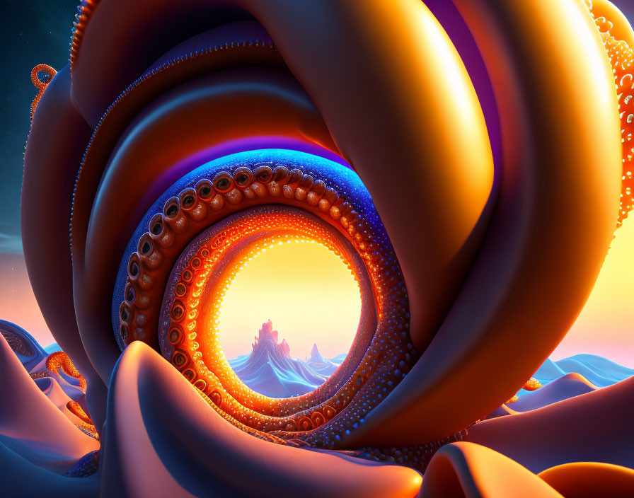 Abstract surreal landscape with orange and blue spiraling structures and mountains under a warm glowing sky.