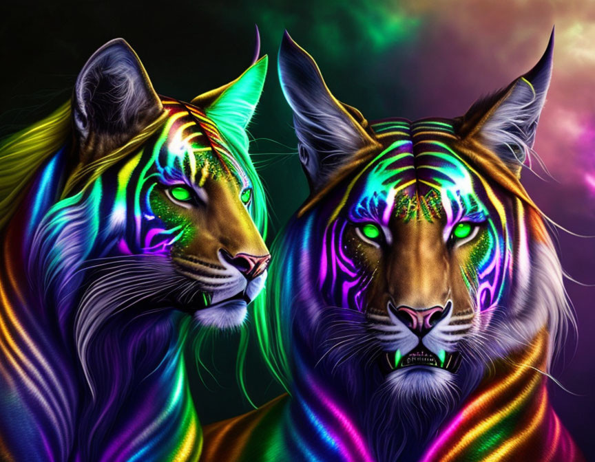 Vibrantly colored neon tigers with artistic fur designs on dark background