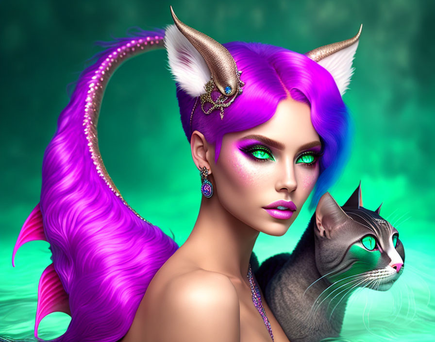 Fantasy illustration of woman with purple hair, cat ears, jeweled headpiece, tail, and